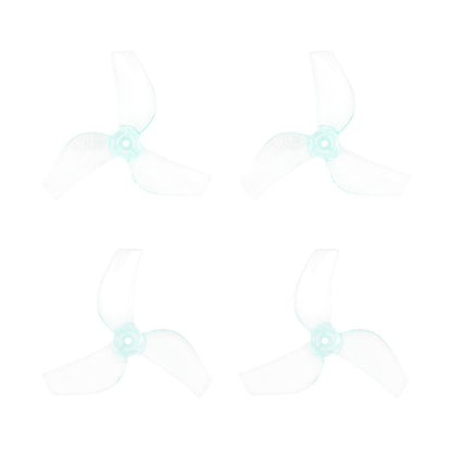 Clear three-blade micro drone propellers with light blue hub, four-piece set on white background