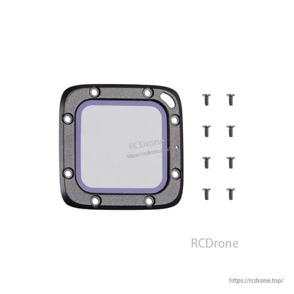 Foxeer 4K Box compatible wrapped glass lens protector with black mounting frame and included screws