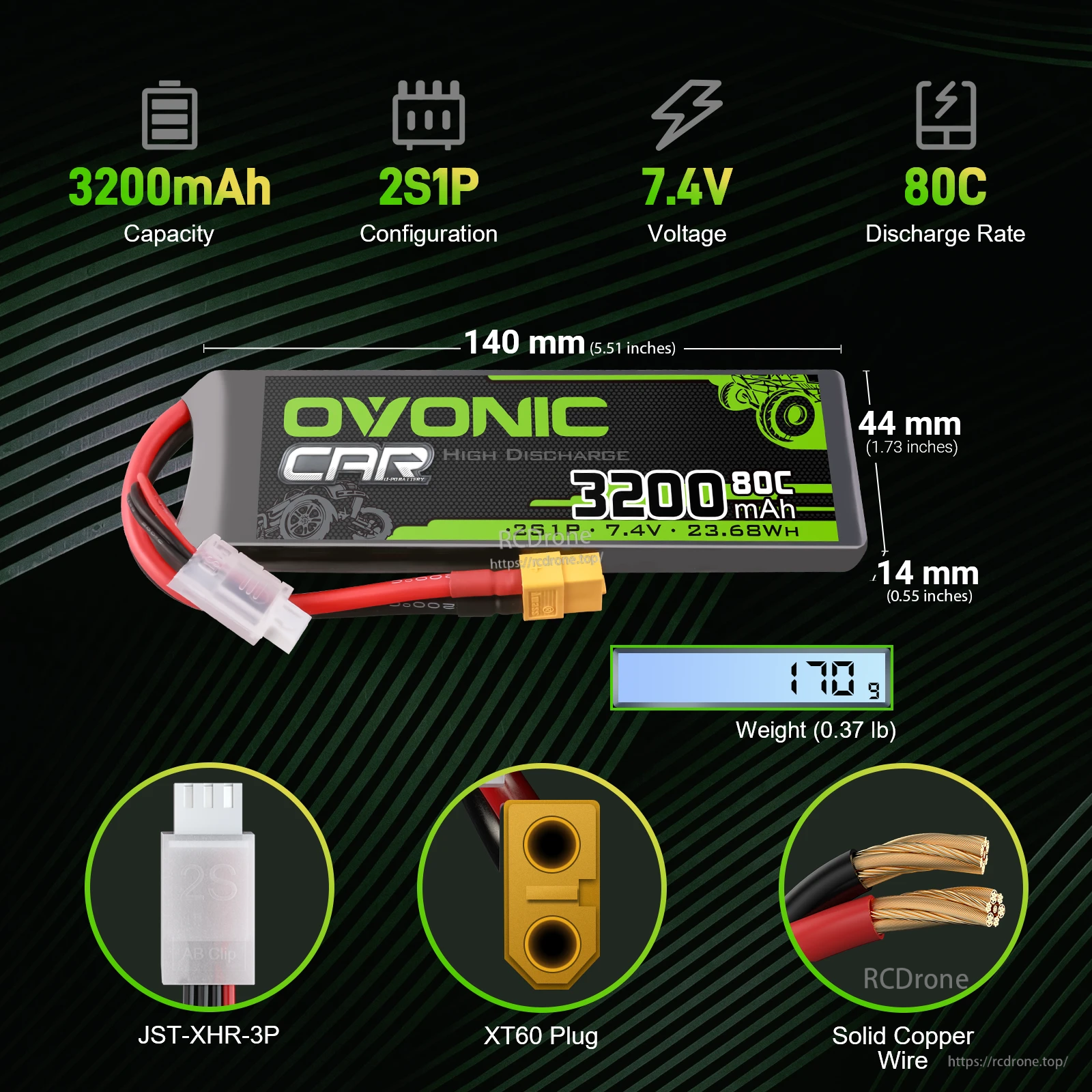 2-Pack OVONIC 2S 7.4V 3200mAh 80C LiPo battery with XT60 + TRA plug, size and weight