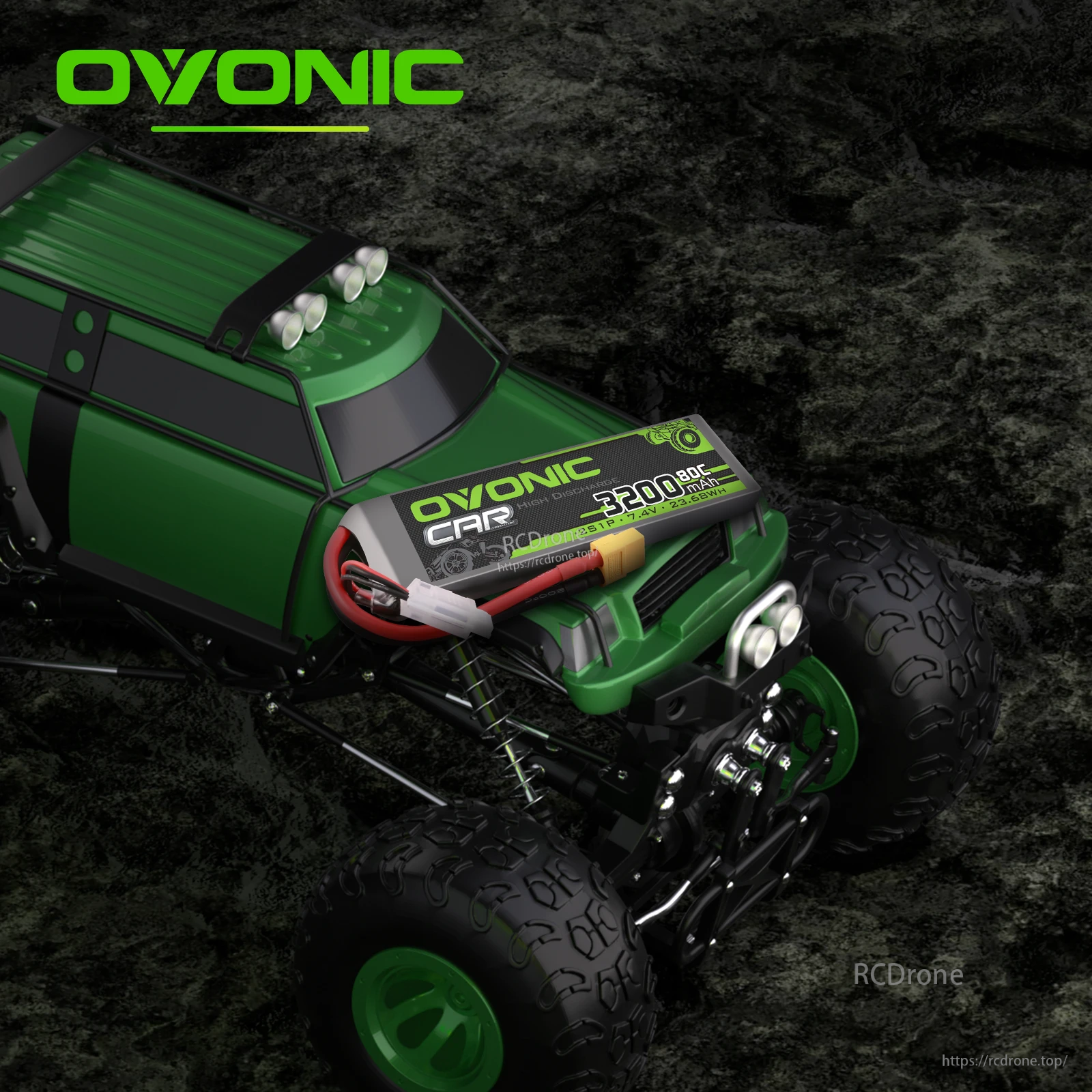 OVONIC 2S softcase LiPo installed on an RC off-road truck for high-discharge performance