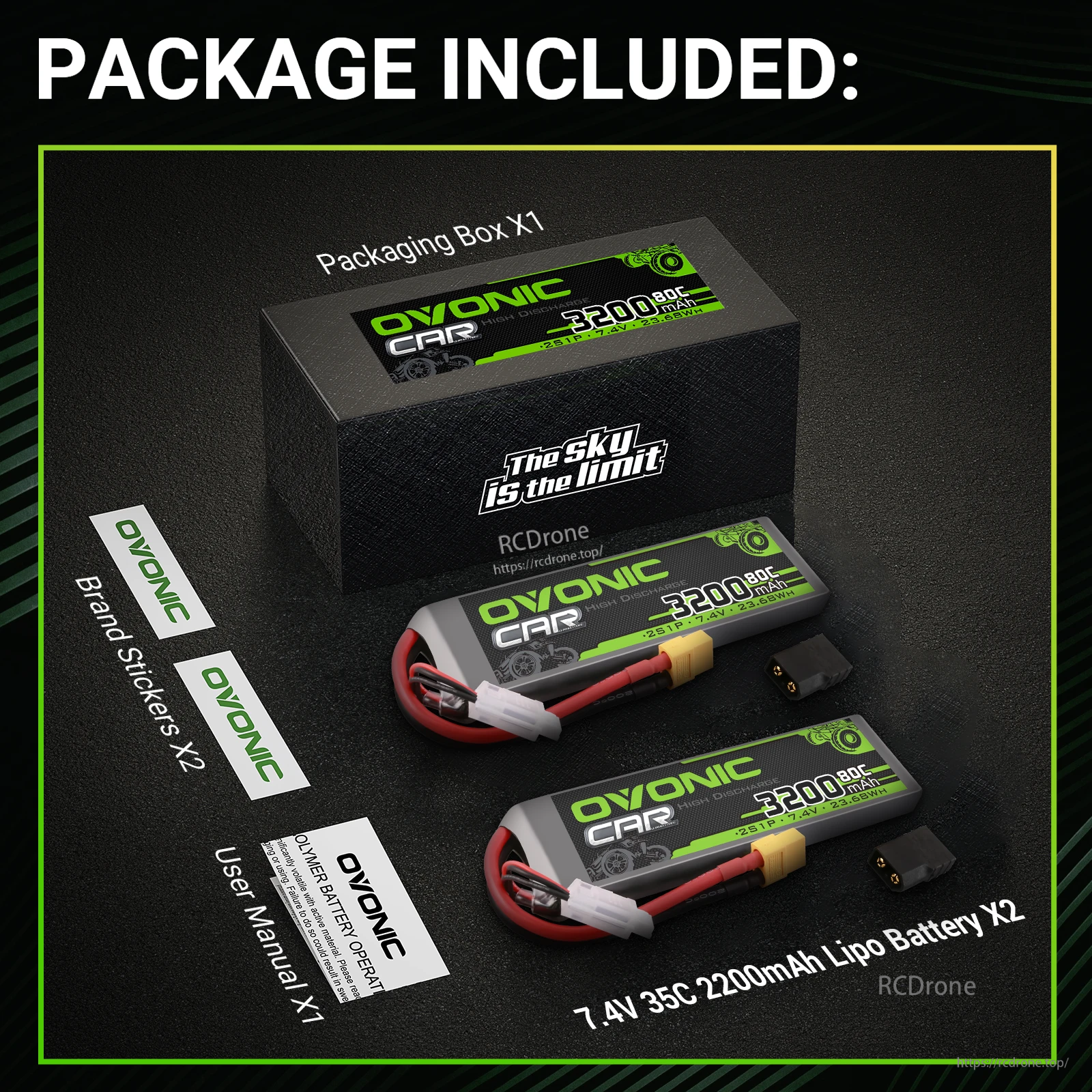 OVONIC LiPo package contents: two battery packs, retail box, brand stickers, and user manual