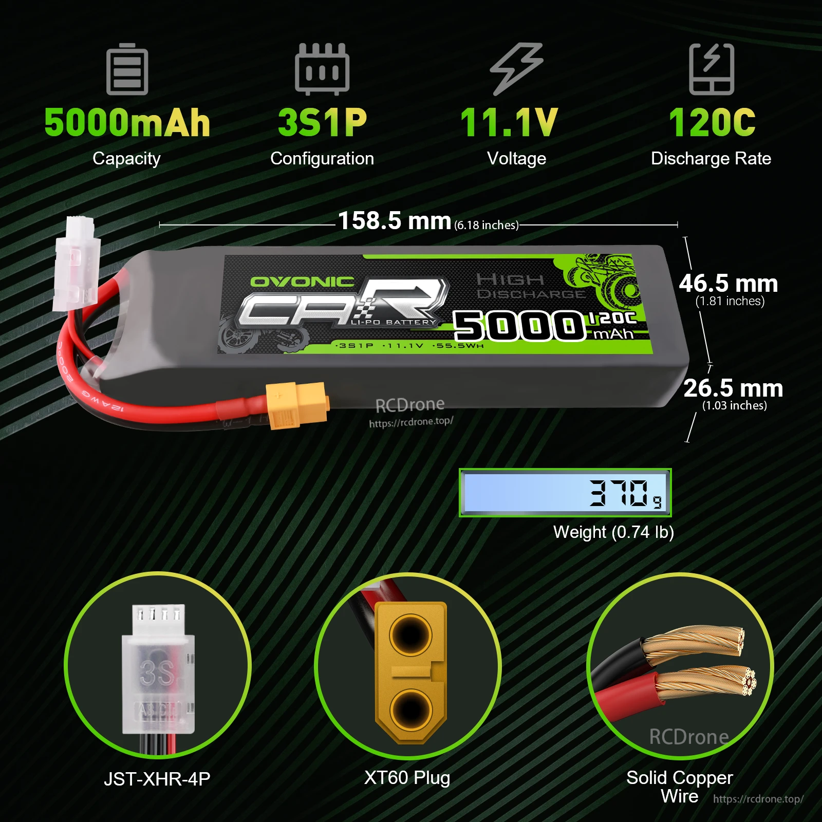 Ovonic 3S 5000mAh 11.1V 120C LiPo battery with XT60 and JST-XHR-4P, dimensions and weight graphic