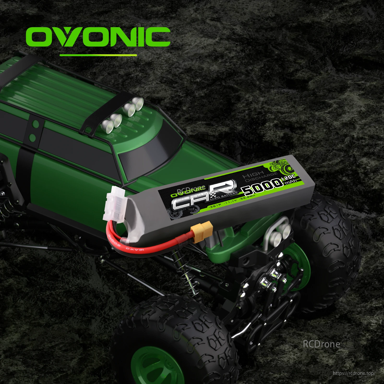Ovonic 3S 5000mAh 11.1V LiPo battery pictured with an RC truck to illustrate fitment for RC vehicles