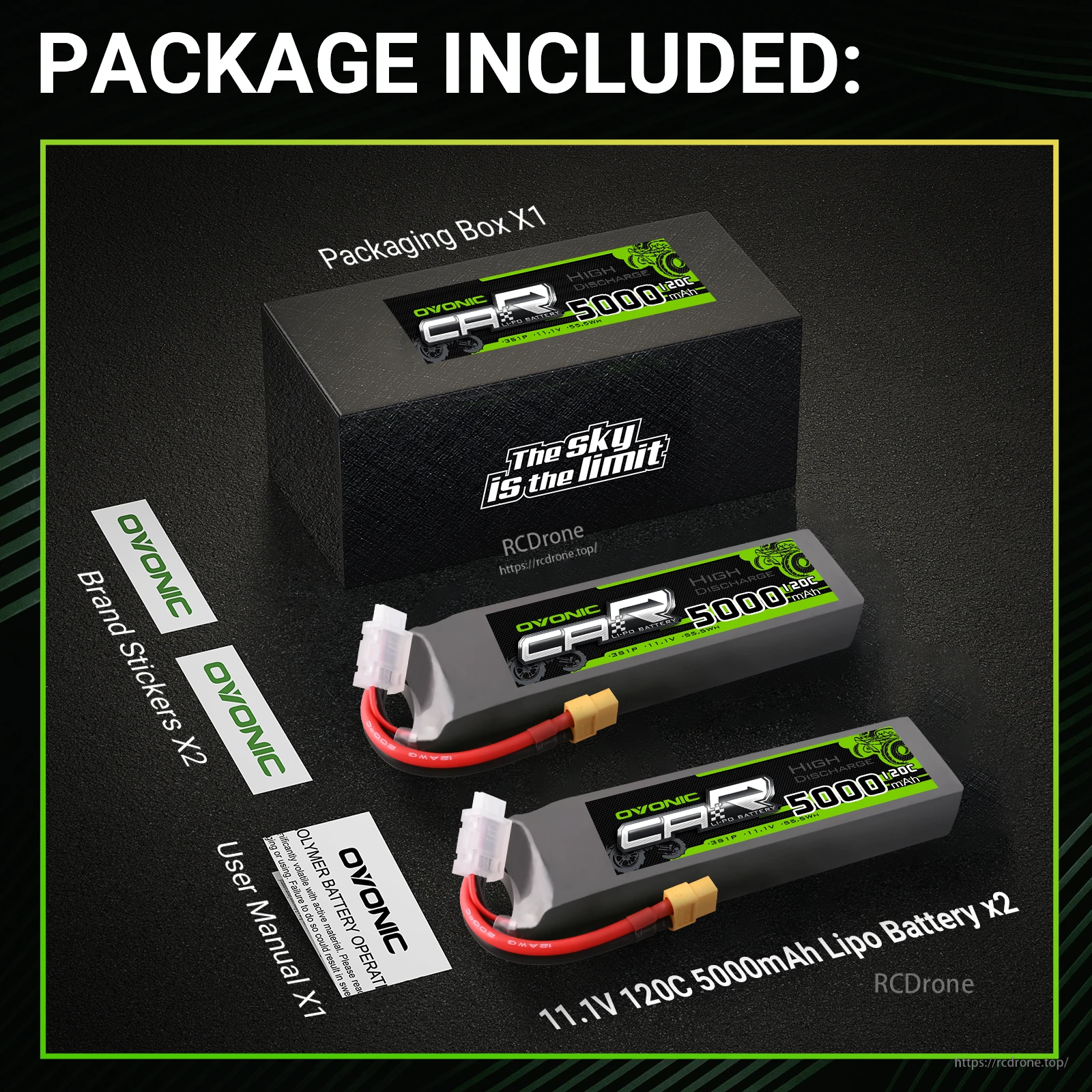Package contents: two Ovonic 11.1V 120C 5000mAh LiPo packs, storage box, brand stickers, and user manual