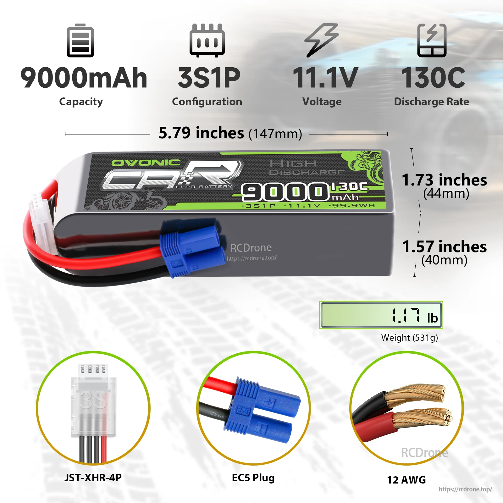 2 × OVONIC 3S 9000mAh 130C 11.1V RC Lipo Battery with EC5 Plug for 1/8 1/10 RC Car RC Vehicles