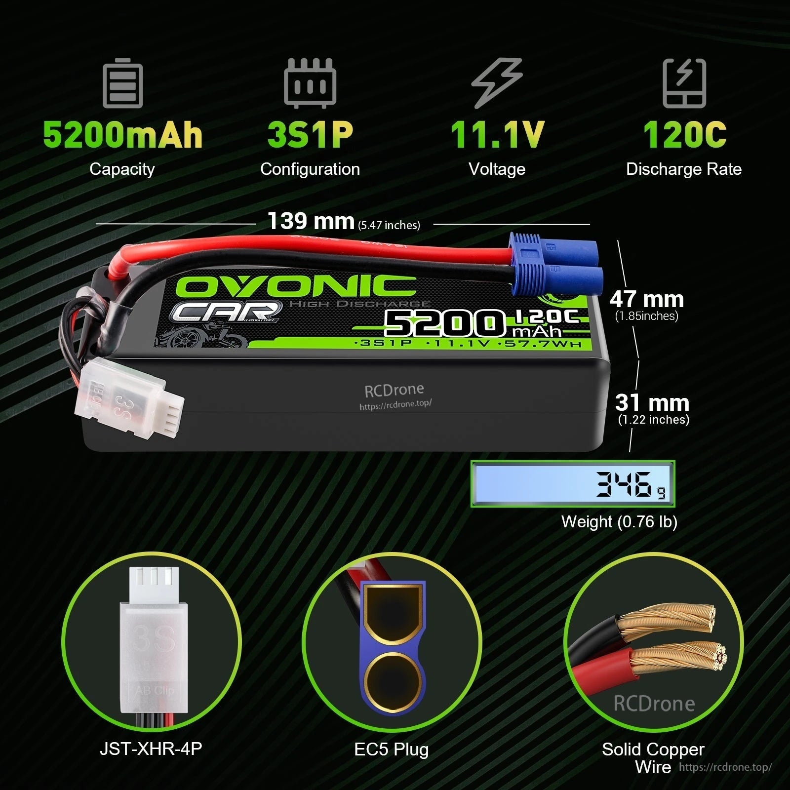 OVONIC 3S 11.1V 5200mAh 120C RC LiPo battery with EC5 plug, size 139×47×31 mm and 346 g weight