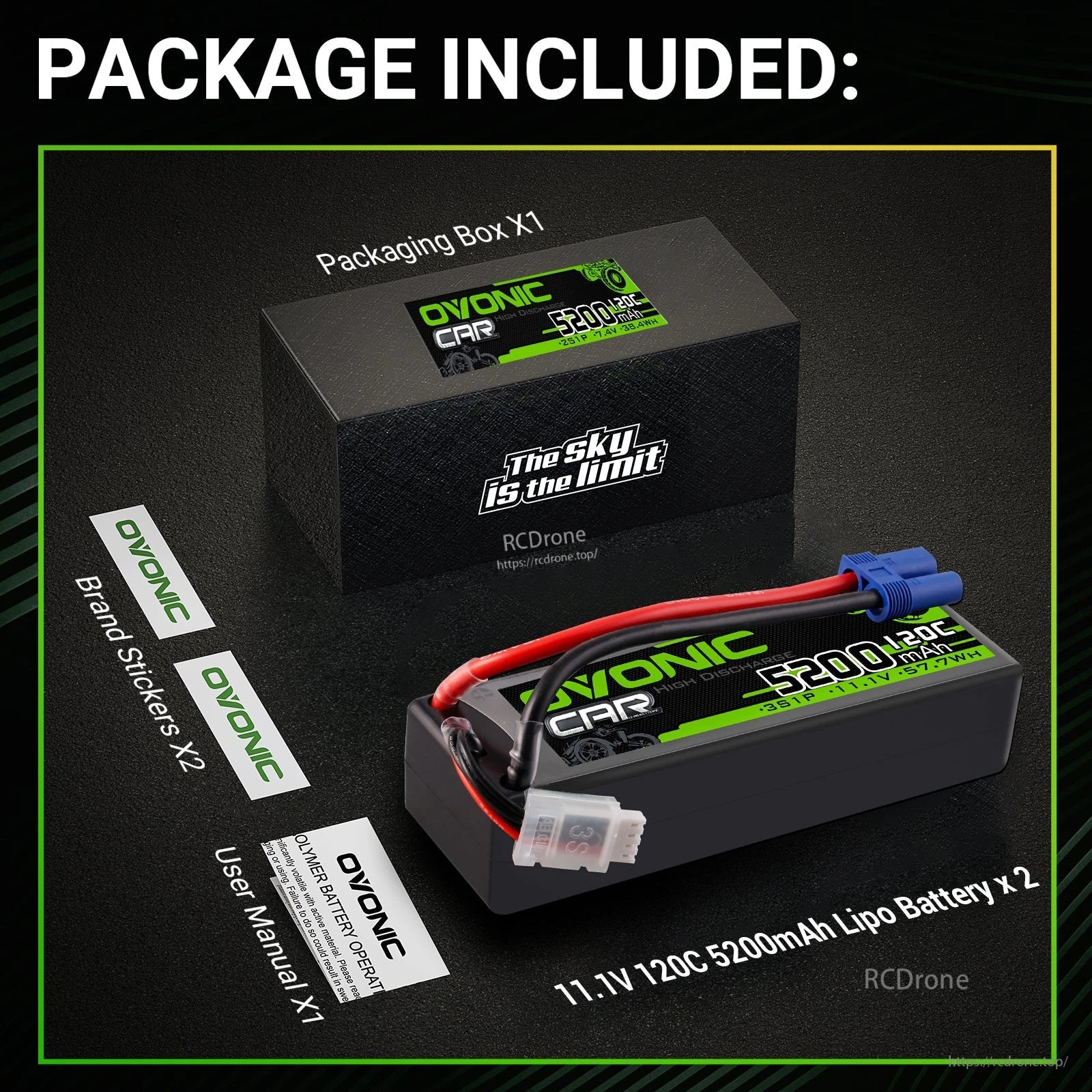 OVONIC 3S 11.1V 5200mAh 120C RC LiPo battery package contents: battery pack, box, stickers, and user manual