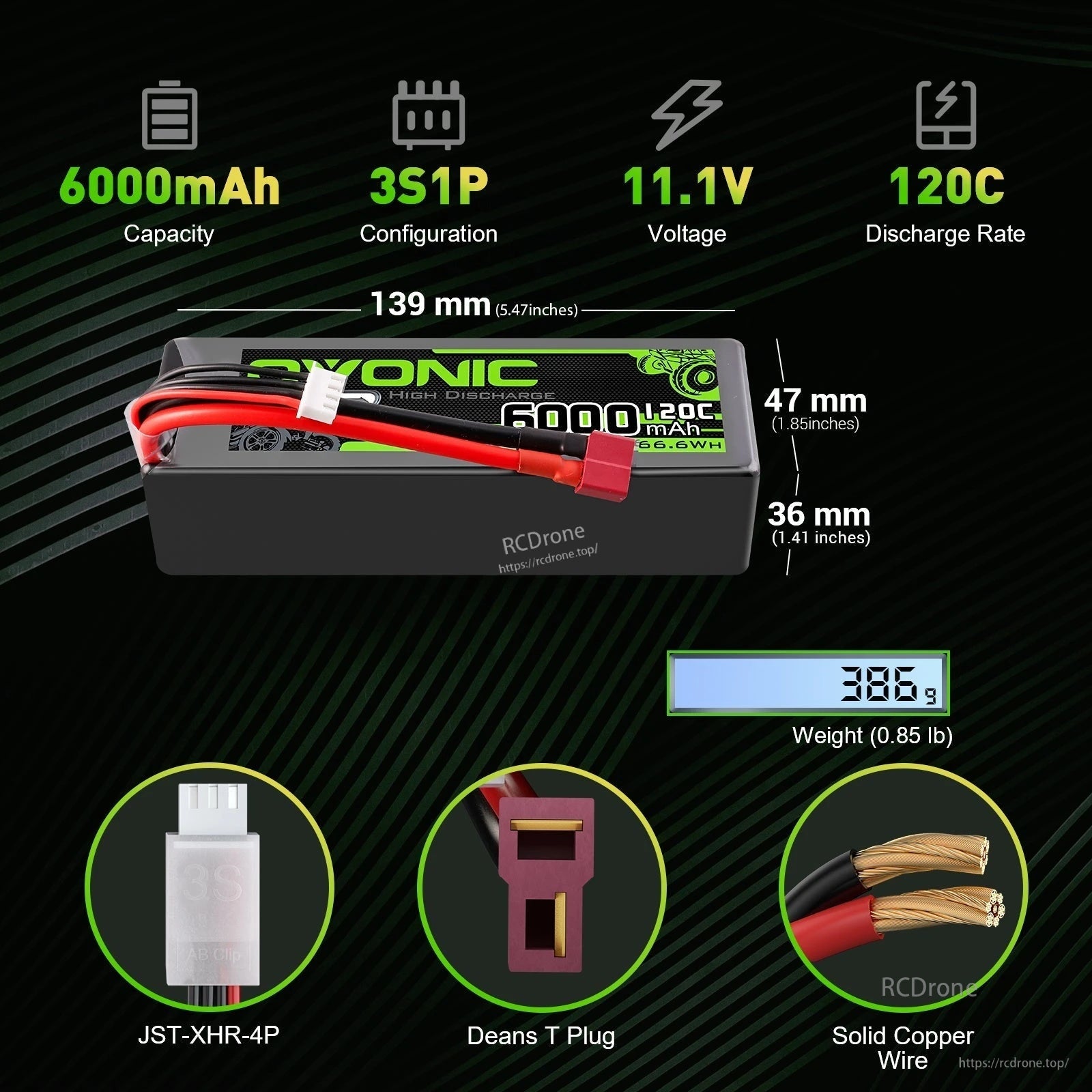 2× Ovonic 3S 6000mAh 11.1V 120C LiPo battery specs with Deans T plug, JST-XHR-4P lead, size and weight