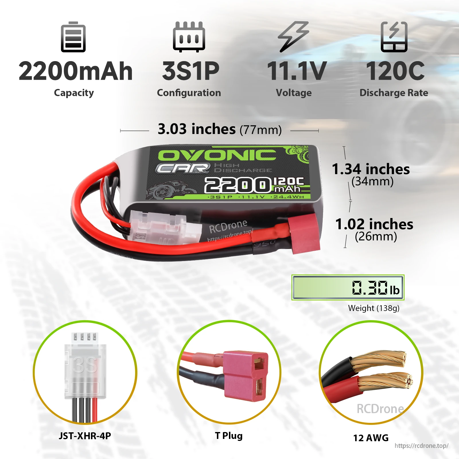 OVONIC 3S Short LiPo Battery 11.1V 2200mAh 120C with Deans T plug, JST-XHR-4P, 77×34×26mm