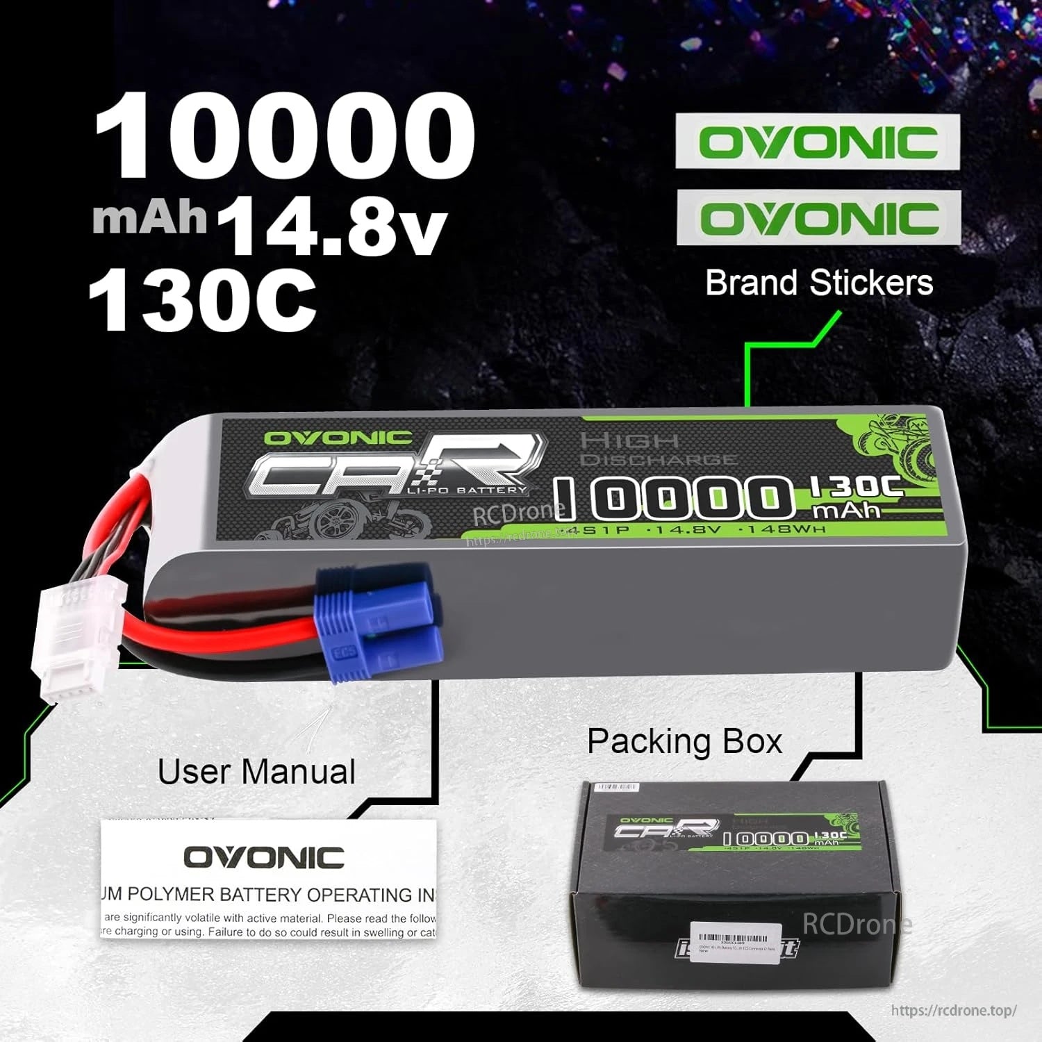 OVONIC 2-pack contents: 4S 14.8V 10000mAh 130C LiPo, brand stickers, user manual and packing box
