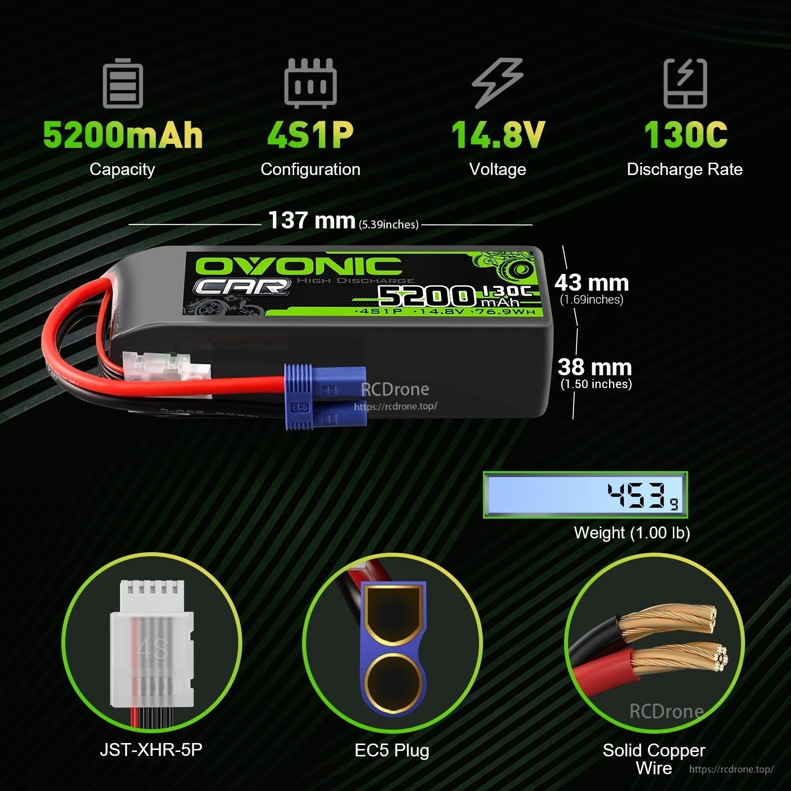 2x OVONIC 4S 5200mAh 14.8V 130C RC LiPo battery specs with EC5 plug and JST-XHR-5P balance lead