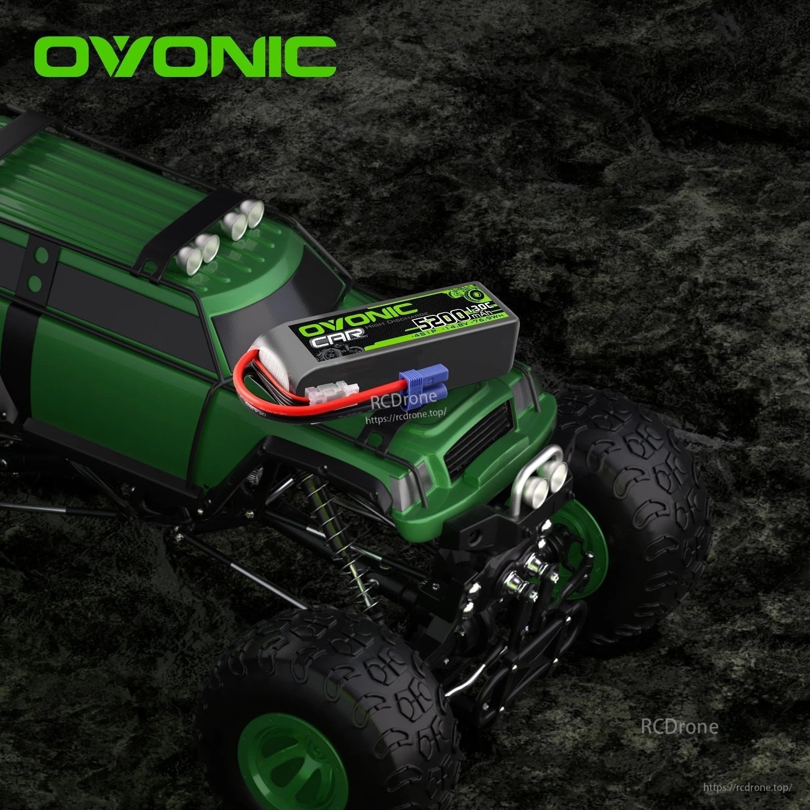 OVONIC 4S 5200mAh 14.8V LiPo battery installed on an RC truck for high-current performance