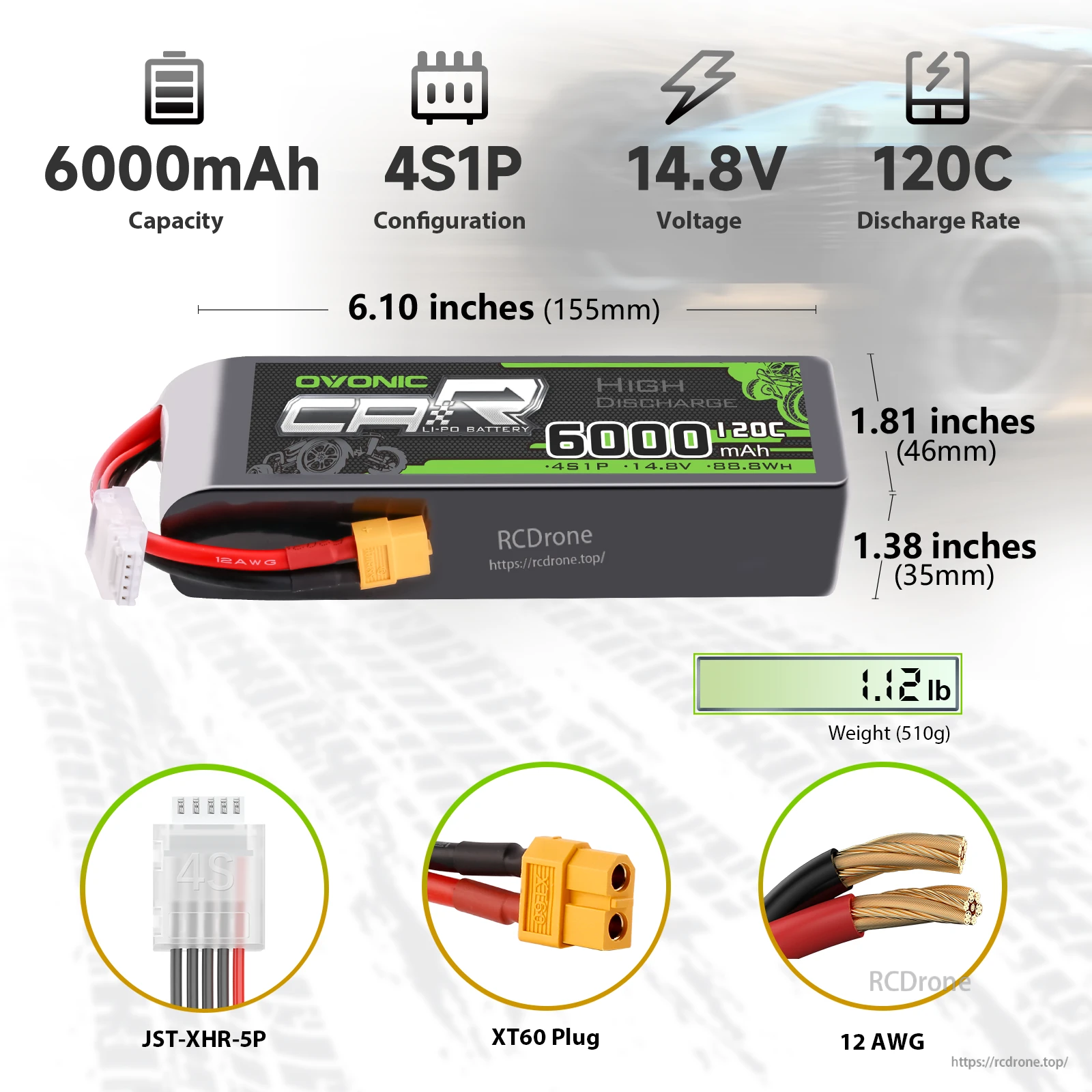 Ovonic 2-pack 4S 6000mAh 120C 14.8V LiPo battery dimensions, XT60 plug, JST-XHR-5P, 12AWG