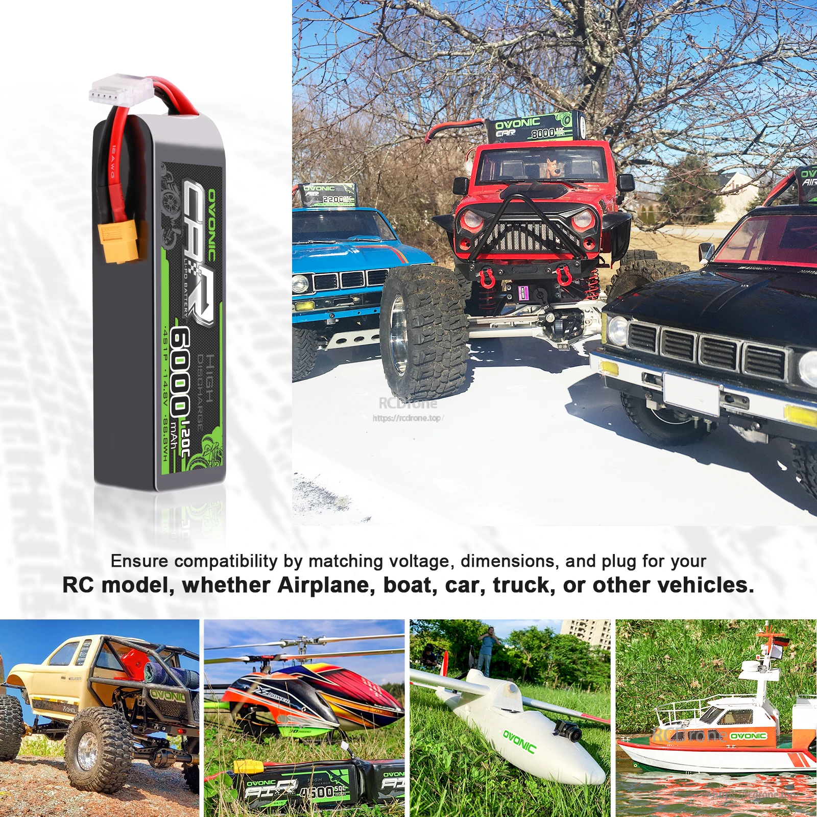 Compatibility collage showing Ovonic 4S LiPo battery used for RC cars, trucks, airplane, and boat setups; check size and plug