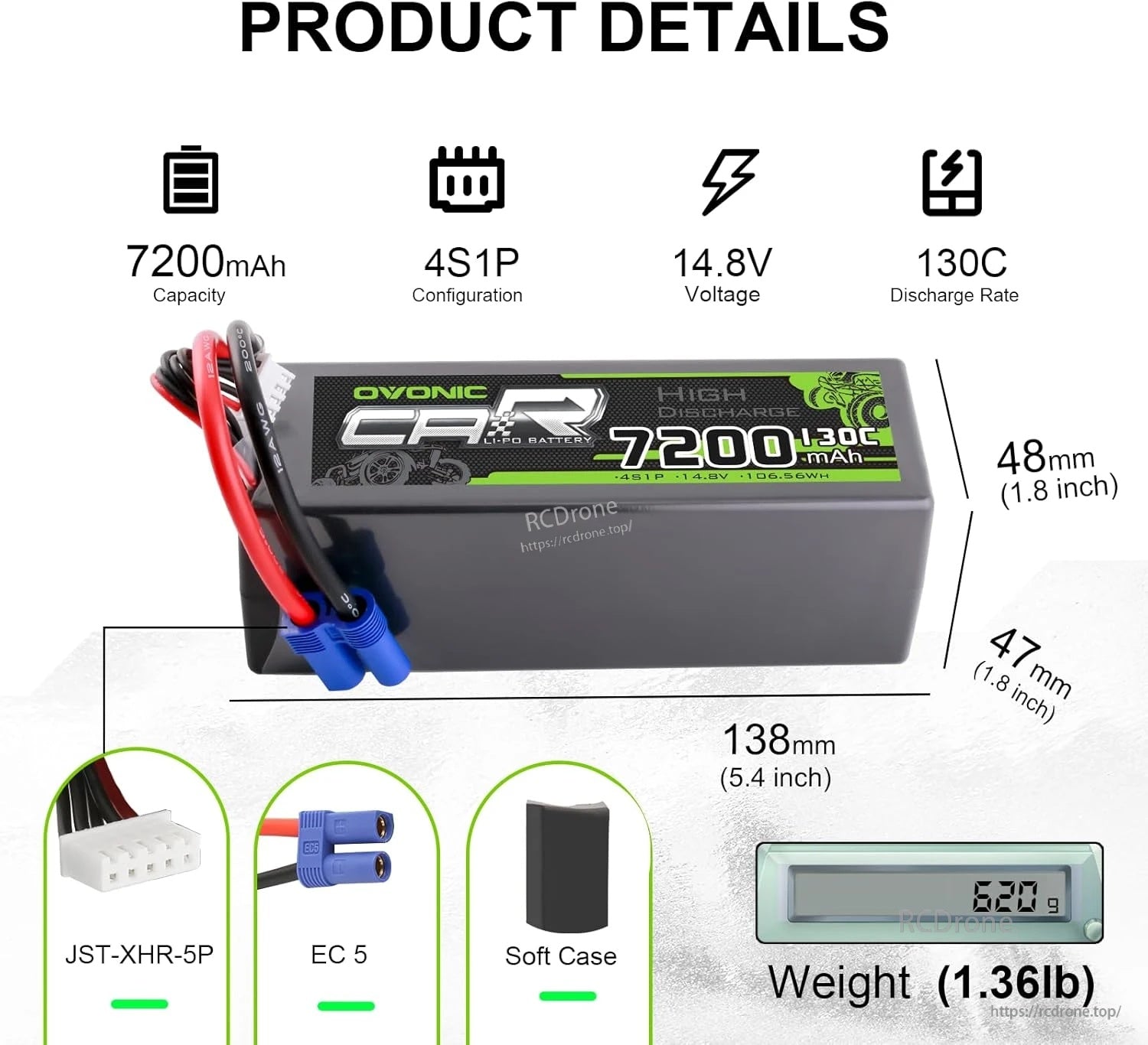OVONIC 4S 14.8V 7200mAh 130C LiPo battery with EC5 and JST-XHR-5P plugs, size 138×48×47mm