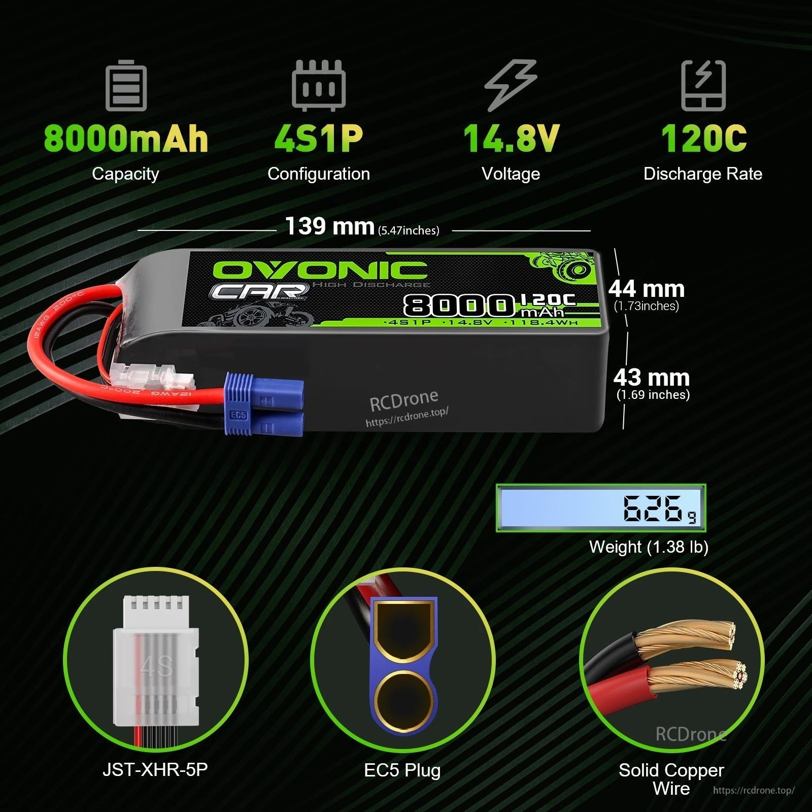 2× Ovonic 4S 8000mAh 14.8V 120C LiPo battery specs with EC5 plug, size 139×44×43 mm and 626 g weight