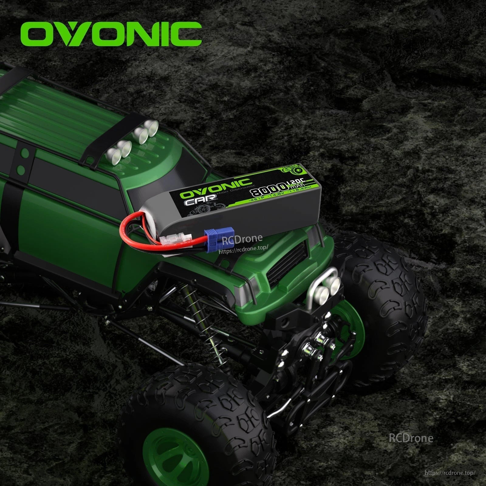 Ovonic 4S 8000mAh 14.8V 120C LiPo battery installed on an RC truck with EC5 connector wiring