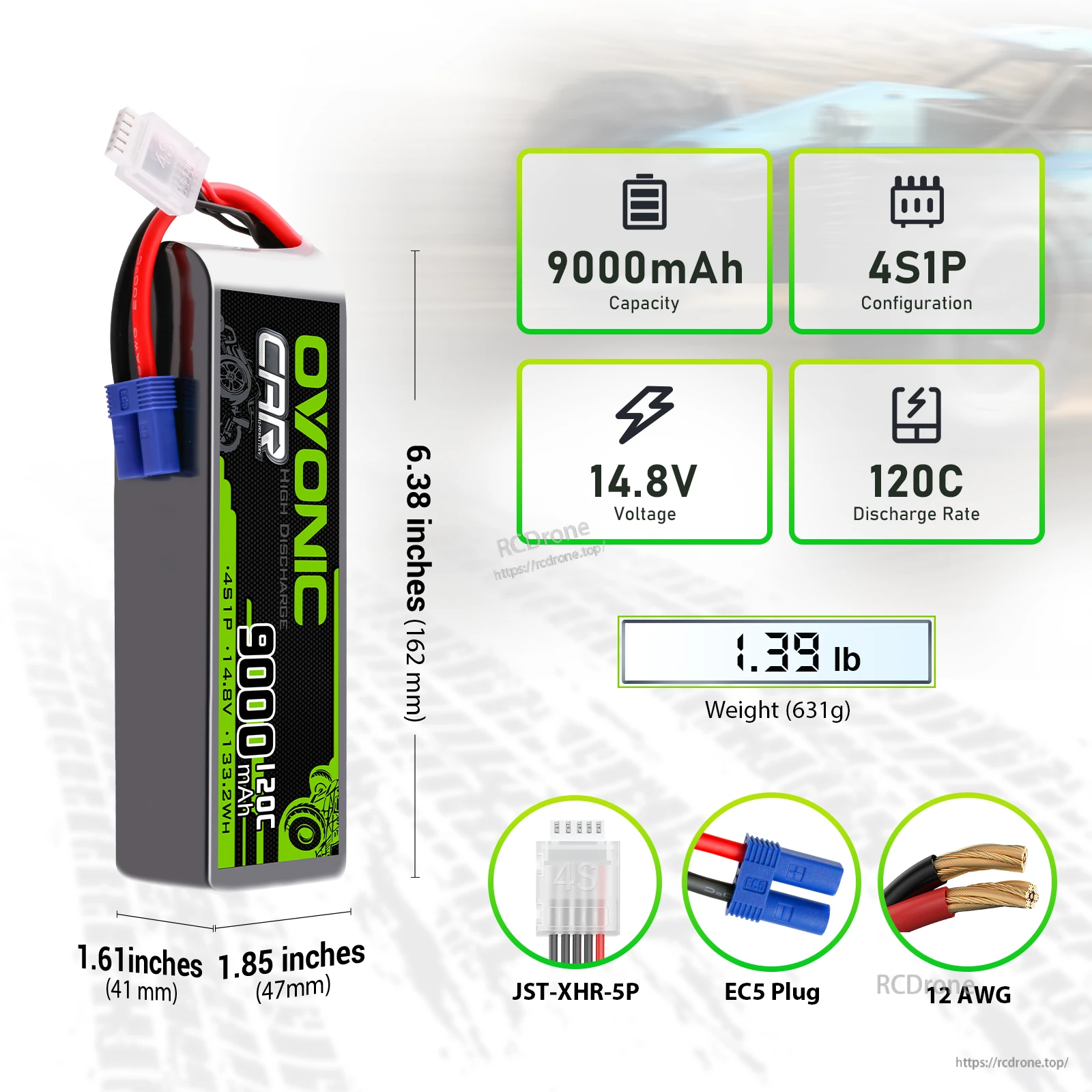 Ovonic 4S 9000mAh 14.8V 120C softcase LiPo battery with EC5 plug and JST-XHR-5P balance lead