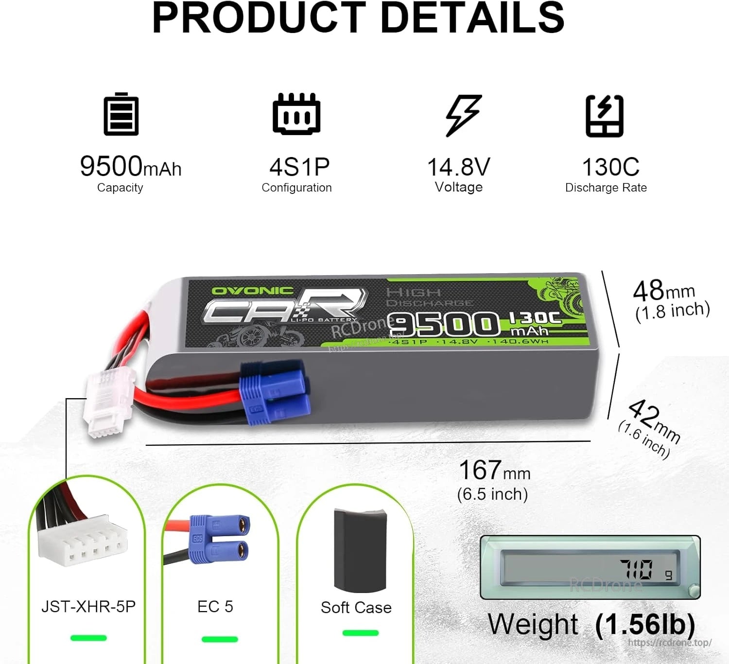 Ovonic 4S 14.8V 9500mAh 130C LiPo battery with EC5 and JST-XHR-5P plugs, size and weight chart
