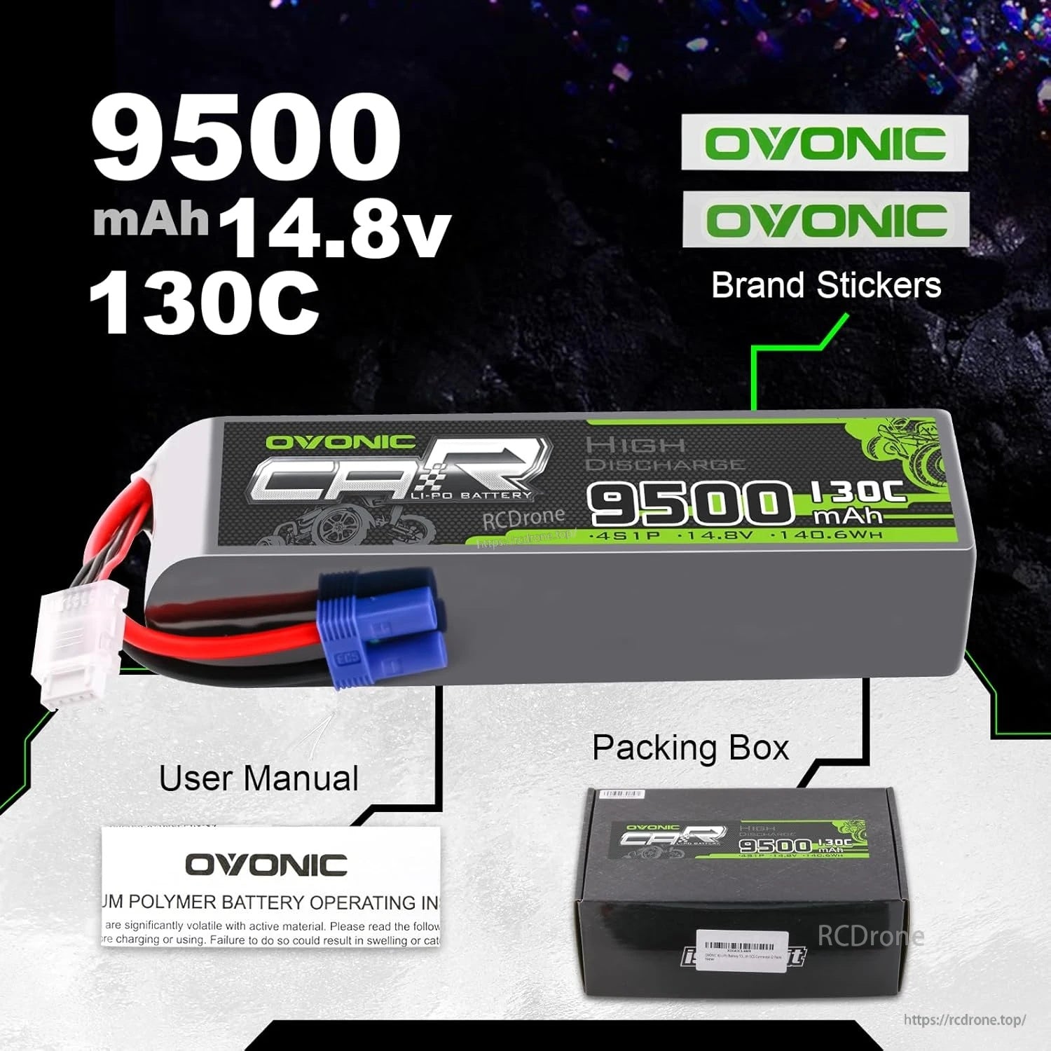 What’s included: 2-pack Ovonic 4S 14.8V 9500mAh 130C LiPo batteries, brand stickers, user manual, and box