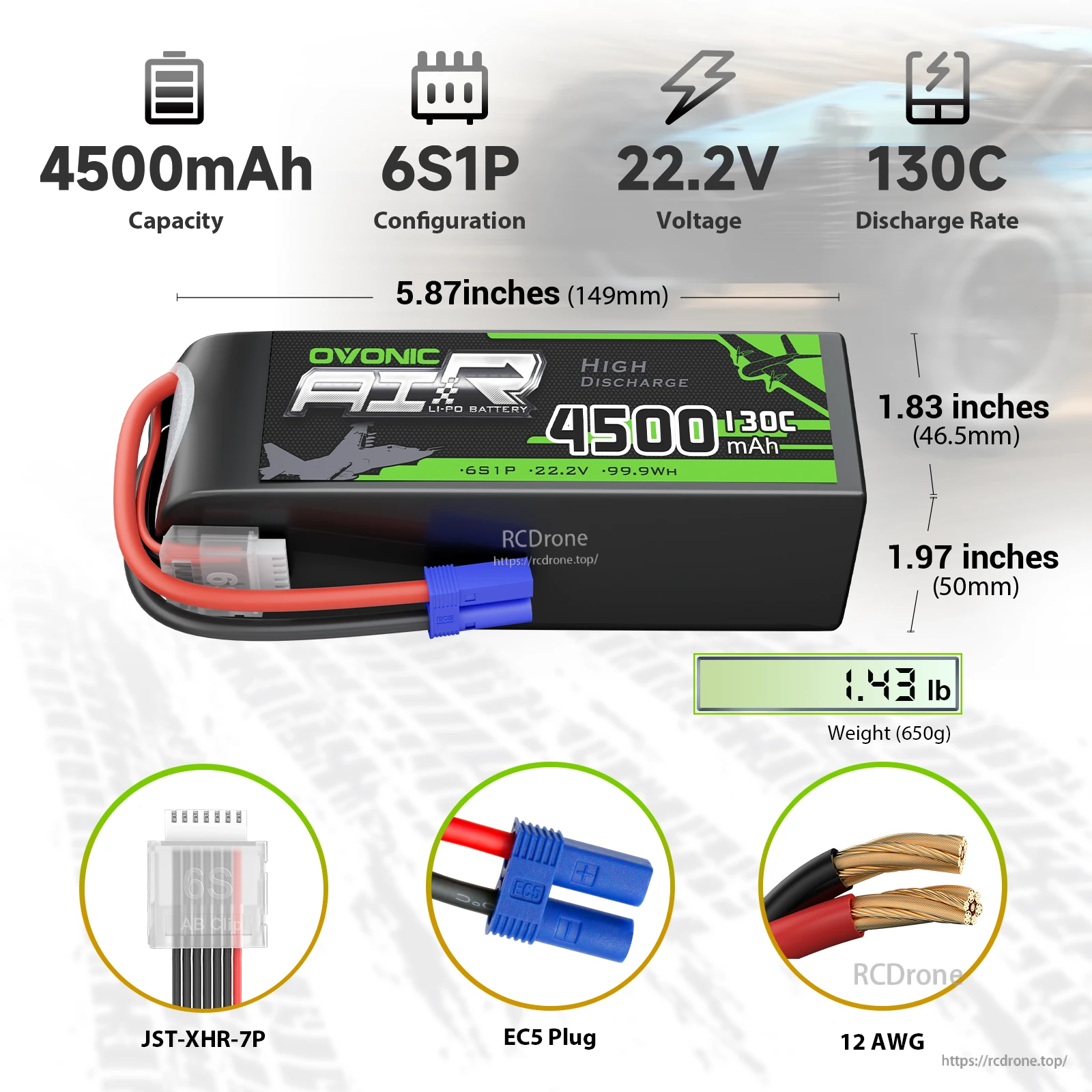 OVONIC 6S 4500mAh 22.2V 130C LiPo battery with EC5 plug, JST-XHR-7P balance lead, size and weight