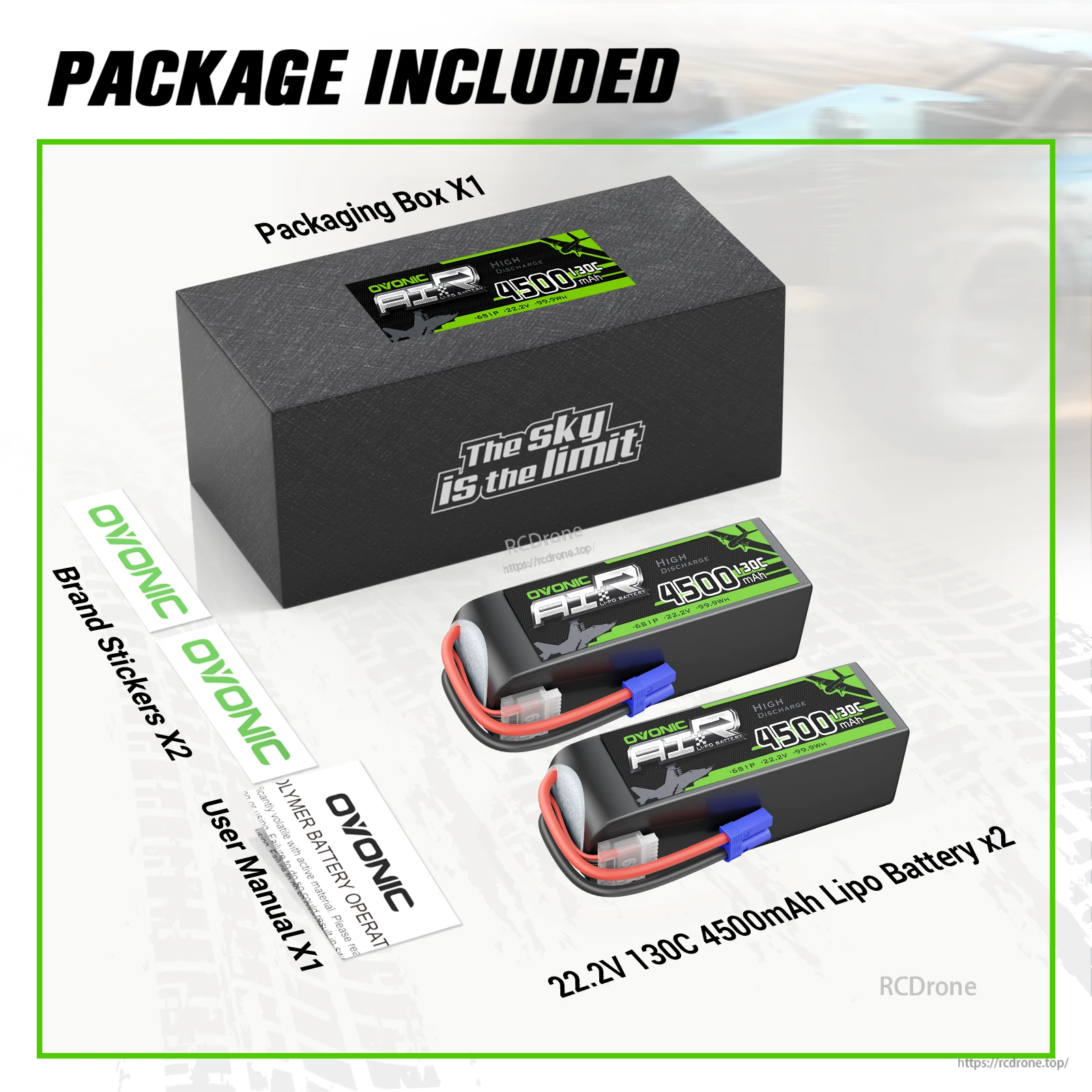 Package contents: 2x OVONIC 22.2V 4500mAh 130C 6S LiPo batteries, packaging box, brand stickers, and user manual