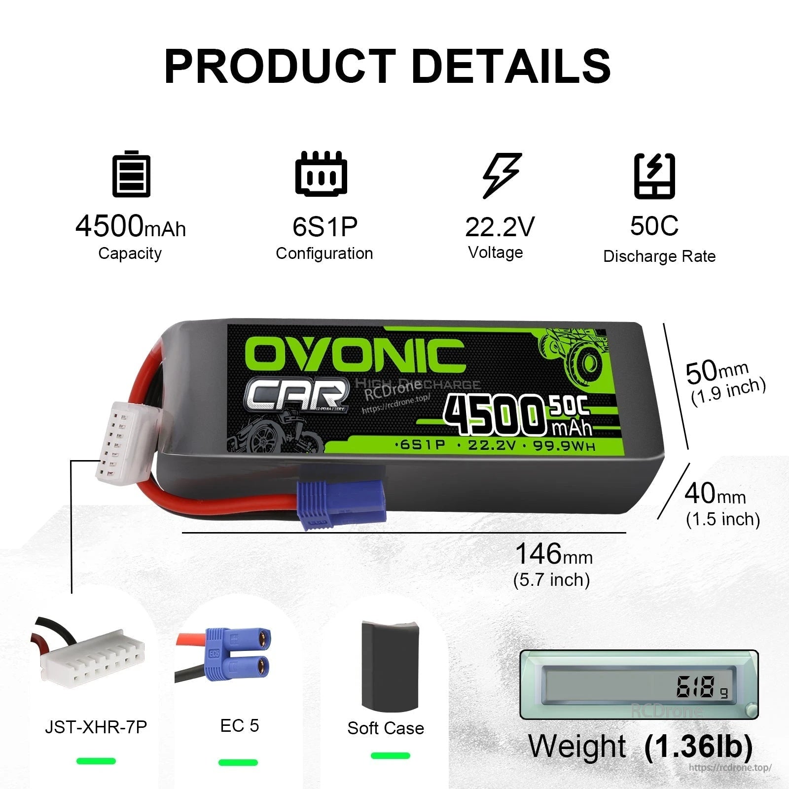 2× Ovonic 6S 4500mAh 22.2V 50C LiPo battery pack with EC5 and JST-XHR-7P; dimensions and weight