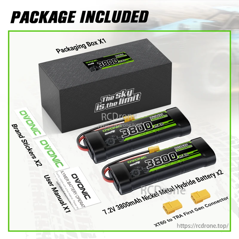 Package contents: two 7.2V 3800mAh OVONIC NiMH flat packs, XT60-to-TRX adapter, manual, stickers and box