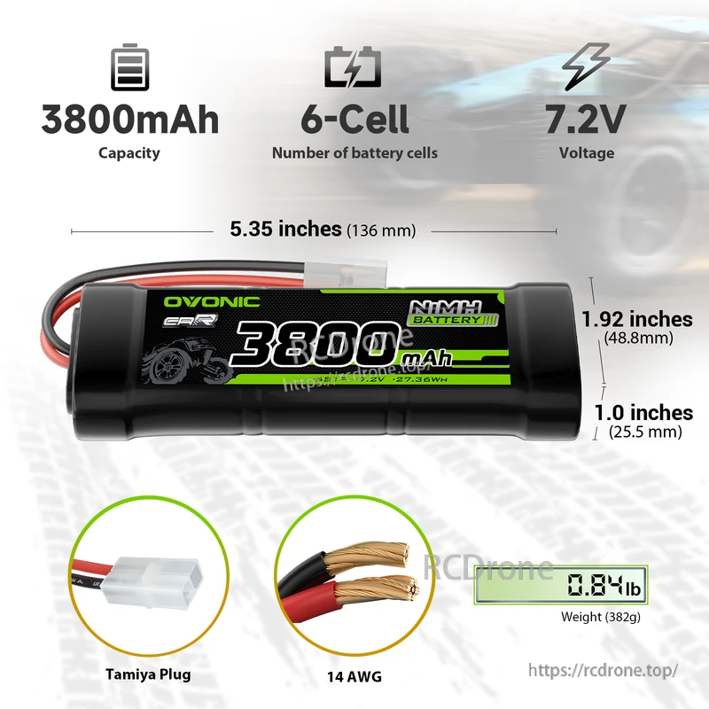 OVONIC 2-Pack 7.2V 3800mAh 6-cell NiMH battery specs—Tamiya plug, 14AWG leads, 5.35 in length
