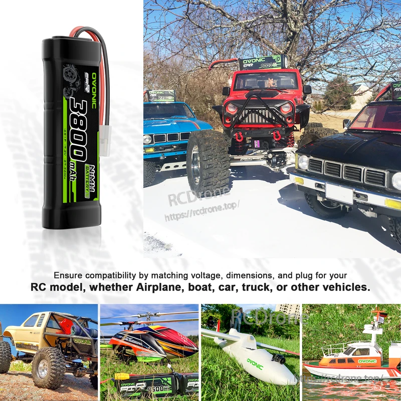 Single OVONIC 7.2V 3800mAh NiMH pack next to RC car, truck, plane and boat examples for compatibility