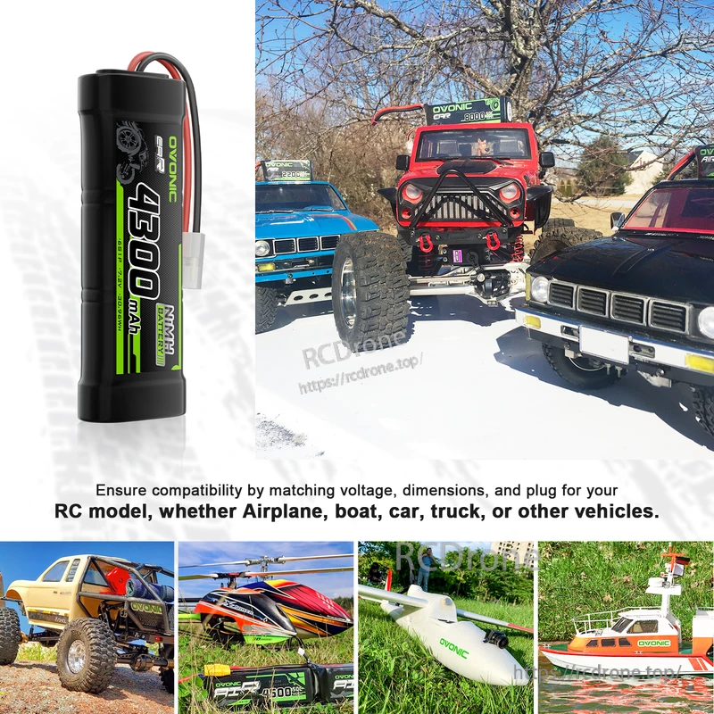 OVONIC 7.2V NiMH stick battery with collage of compatible RC uses like cars, trucks, boats and aircraft
