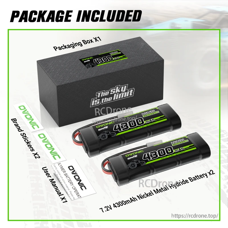 Package contents: two OVONIC 7.2V 4300mAh NiMH battery packs, box, brand stickers, and user manual