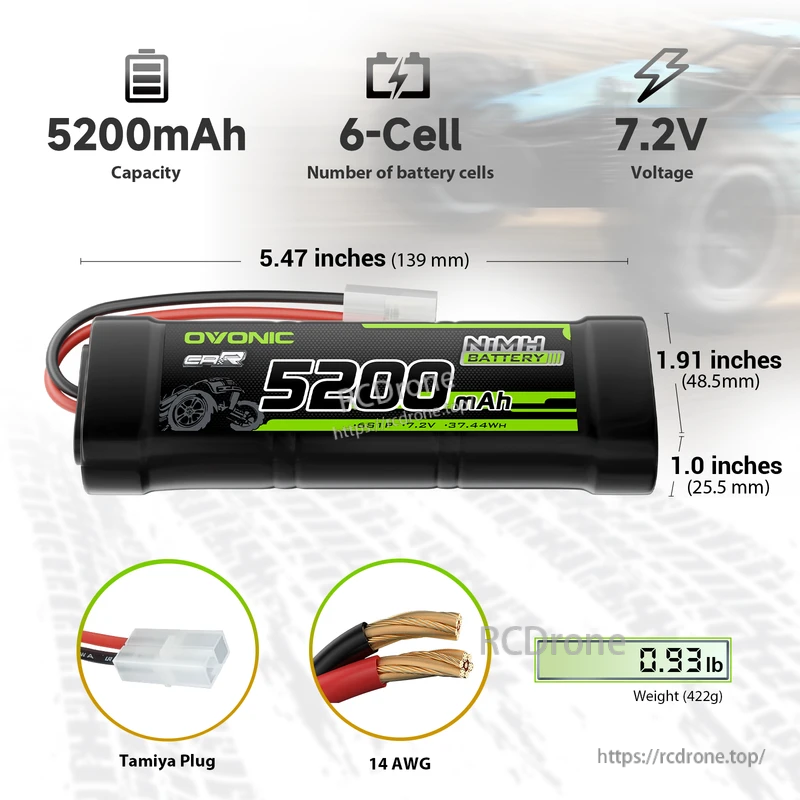 2-Pack OVONIC 7.2V 5200mAh 6-Cell NiMH battery pack with Tamiya plug, 14AWG wire and size chart