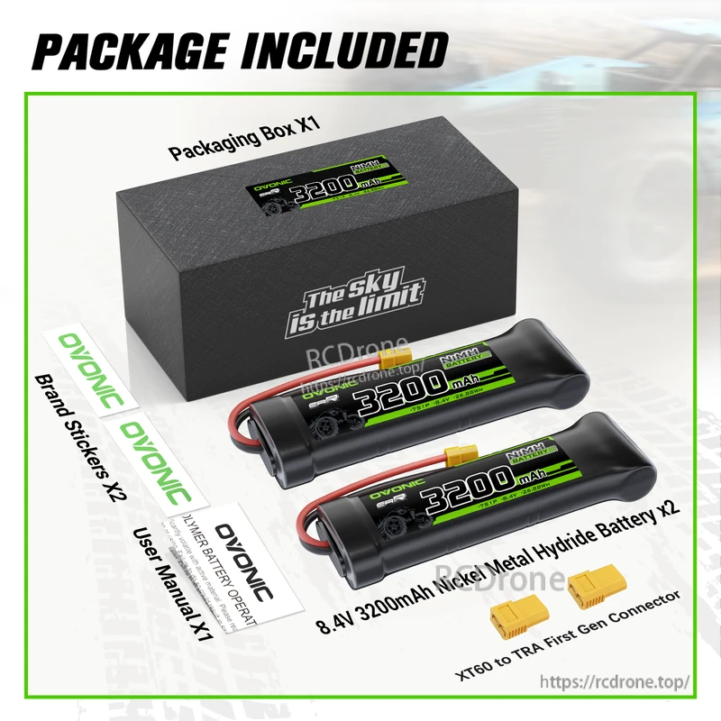 Package contents: two OVONIC 8.4V 3200mAh NiMH battery packs, XT60 to TRX adapter, box, stickers, and manual