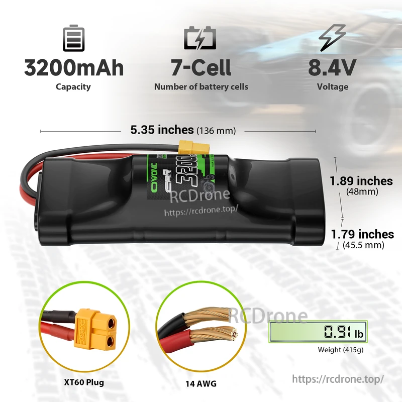 2× OVONIC 8.4V 3200mAh 7-cell hump NiMH battery pack with XT60 plug, size and 14AWG wire details