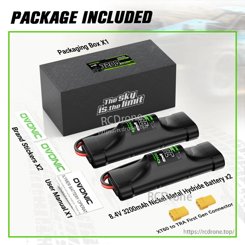 Package contents: two OVONIC 8.4V 3200mAh NiMH hump batteries, box, stickers, user manual and XT60-to-TRX adapter