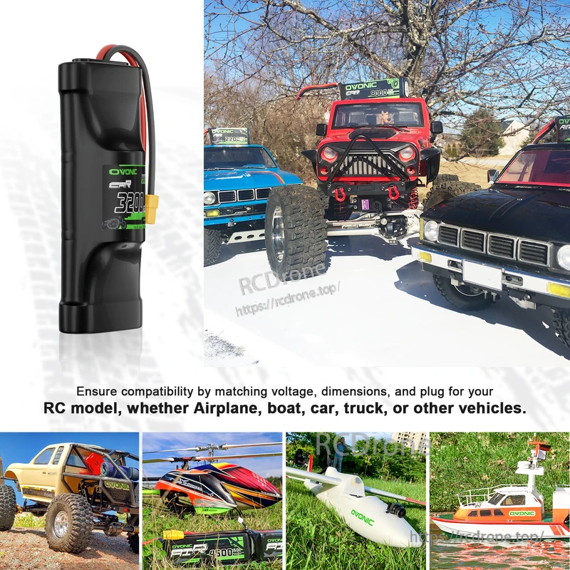 OVONIC hump NiMH pack use cases for RC vehicles, plus airplane and boat, reminding to match voltage, size and plug