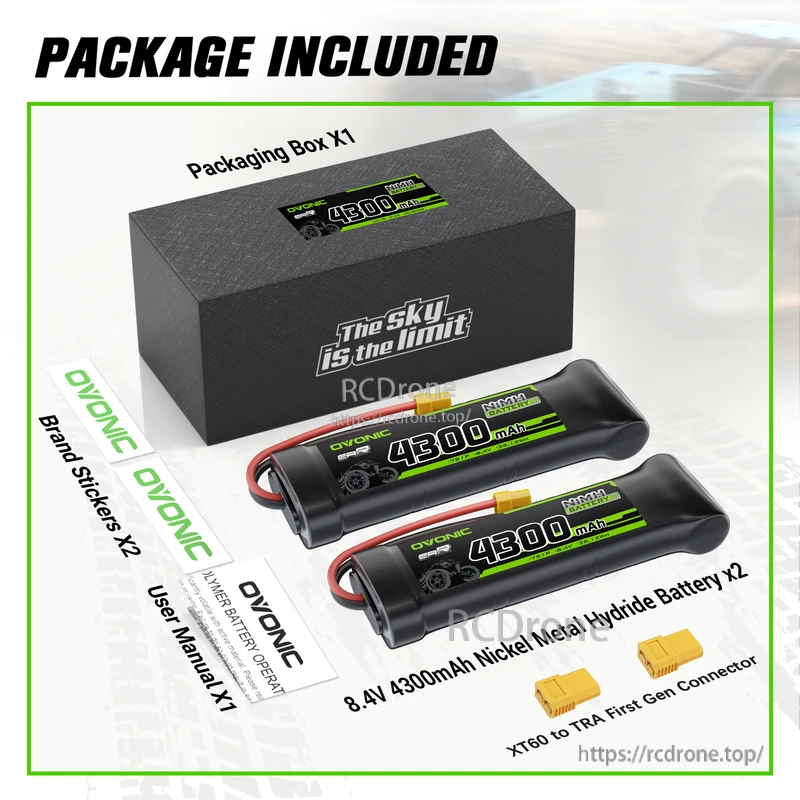 Package contents: two OVONIC 8.4V 4300mAh 7-cell NiMH flat packs, XT60 to TRX adapters, manual and box