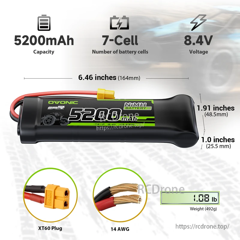 OVONIC 8.4V 5200mAh NiMH 7-cell flat RC battery pack with XT60 plug, 14AWG lead and size callouts