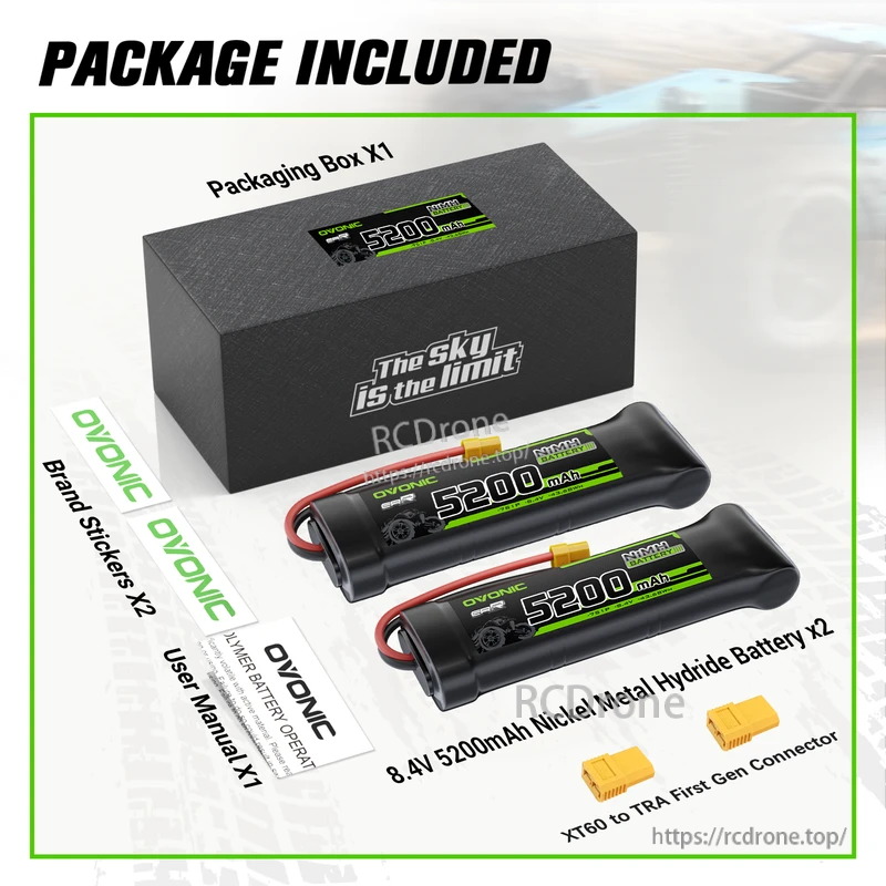 Package contents: two OVONIC 8.4V 5200mAh NiMH flat packs, XT60 to TRX (TRA) adapters, stickers and manual