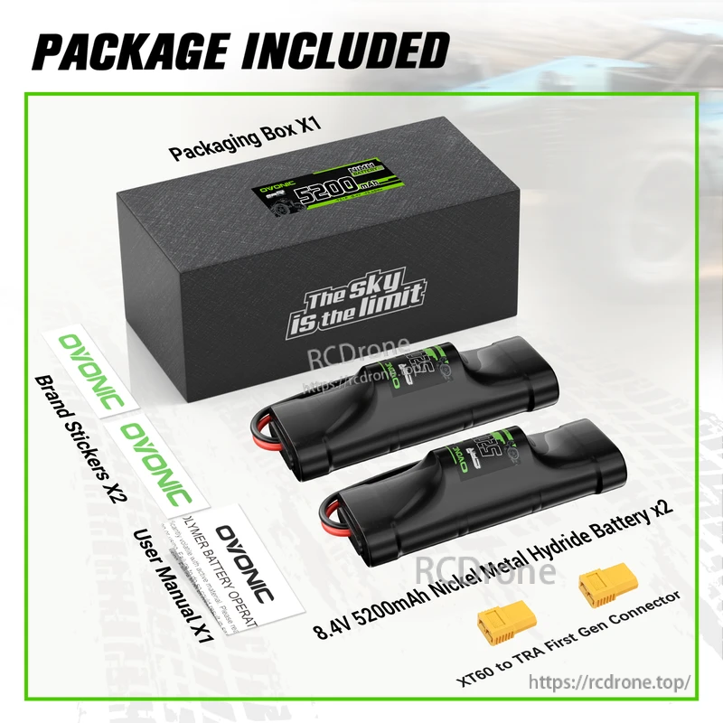 2× OVONIC 8.4V 5200mAh 7-cell hump NiMH battery set with packaging box, stickers, manual, and XT60 to TRX adapter