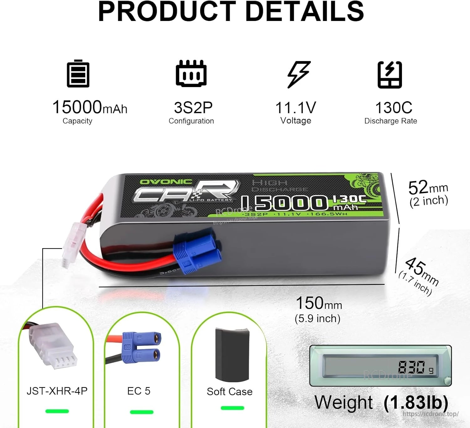 2 x Ovonic 15000mAh 3S2P 11.1V 130C LiPo battery with EC5 plug, size 150×52×45mm and 830g
