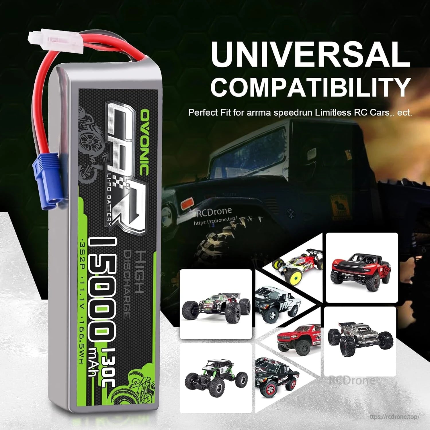 Ovonic 15000mAh 3S 130C LiPo battery pack upright with EC5 discharge lead and JST-XHR balance connector