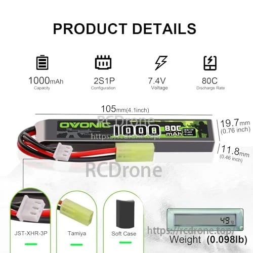 2 × Ovonic 2S Lipo Battery 1000mAh 2S1P 80C 7.4V Airsoft Lipo Battery with Tamiya Connector for Airsoft Guns