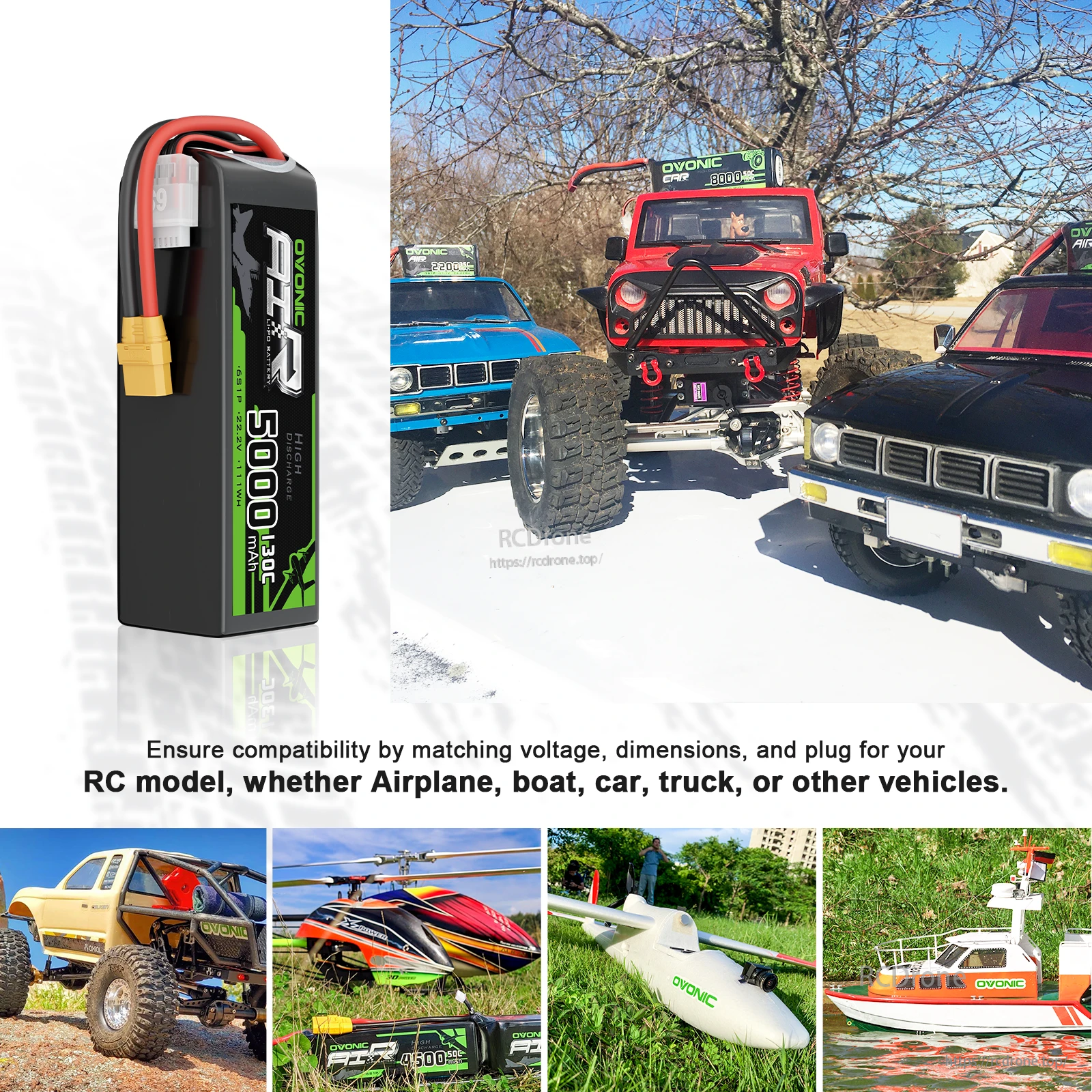 Single Ovonic 6S 5000mAh LiPo next to RC cars, helicopter, airplane and boat examples for compatibility reference