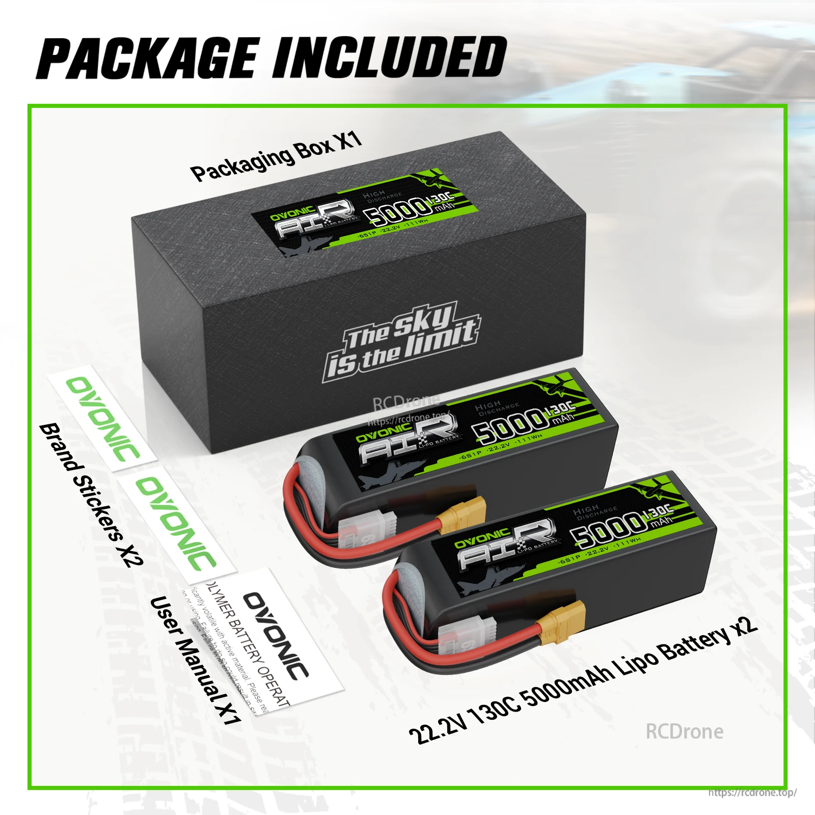 Package contents for Ovonic 2x 5000mAh 6S 22.2V 130C LiPo Battery set with box, two packs, stickers and user manual