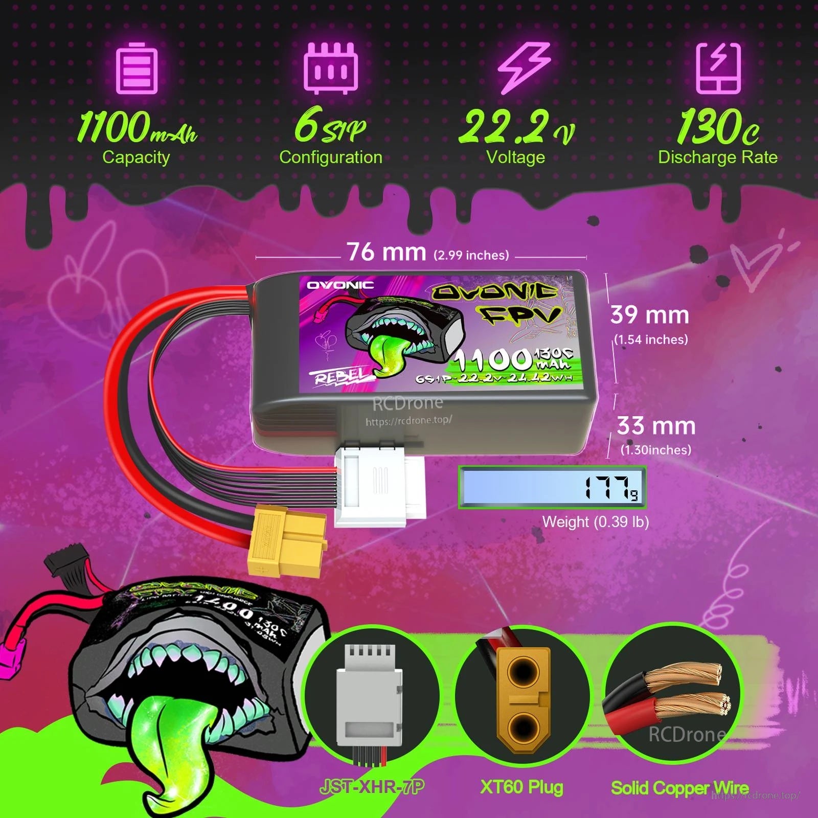 Ovonic Rebel 2.0 6S 1100mAh 22.2V 130C LiPo battery dimensions with XT60 and JST-XHR-7P leads