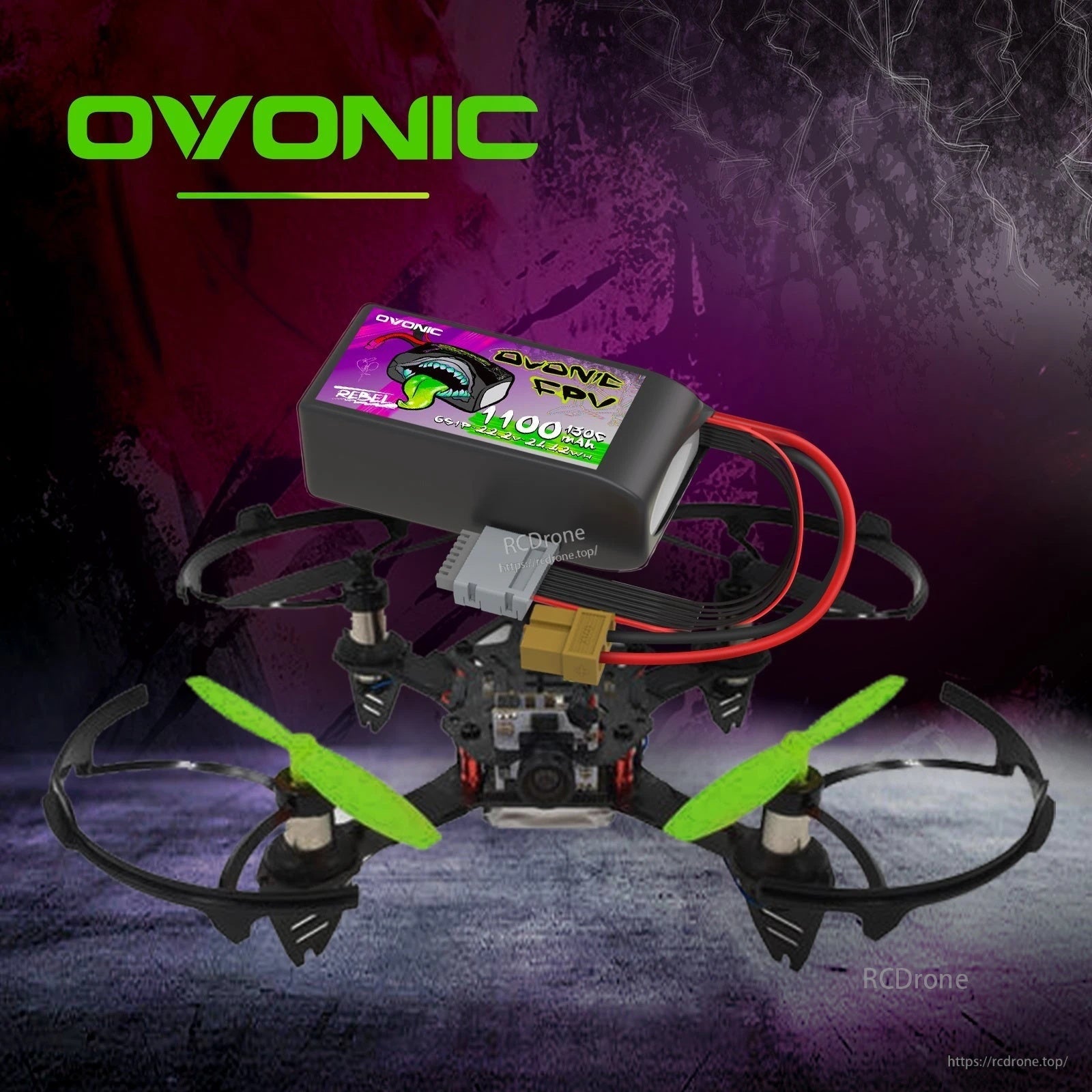 Ovonic Rebel 2.0 6S 1100mAh LiPo mounted on an FPV quadcopter with prop guards and XT60 connector