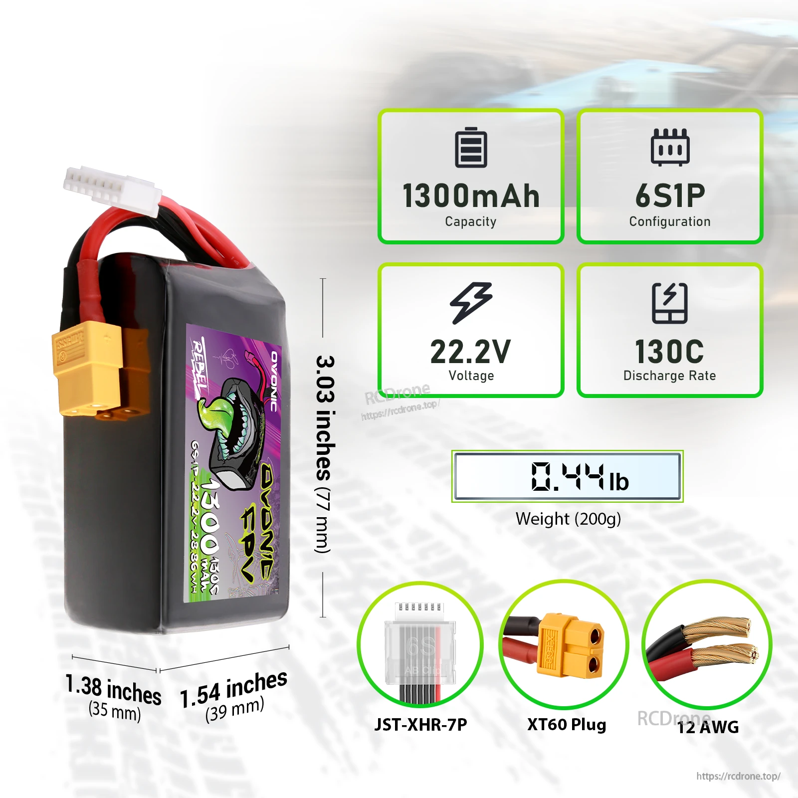 Ovonic Rebel 2.0 6S 1300mAh 22.2V 130C LiPo battery with XT60, size, weight and plugs callouts
