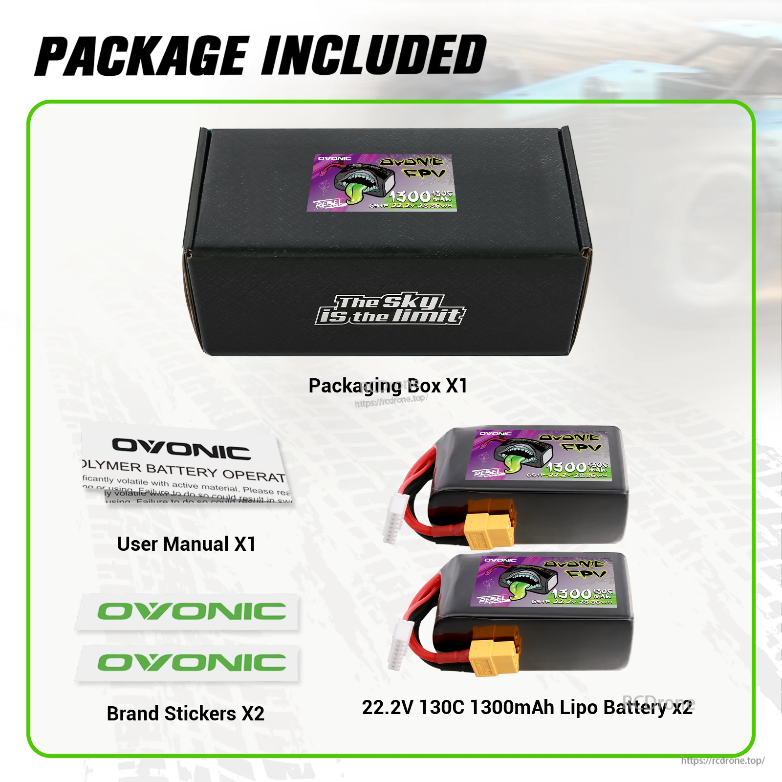 Package contents for Ovonic Rebel 2.0 twin pack: two 6S 1300mAh batteries, box, user manual and brand stickers